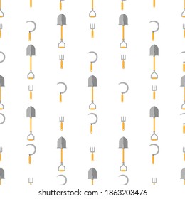 Seamless pattern with cartoon hand sickle, small pitchfork, shovel on white background. Gardening tool. Vector illustration for any design.