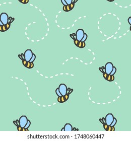 Seamless pattern with cartoon hand-drawn bees on a green background. The trail from the flight of insects is made by a white dashed line. Vector illustration.