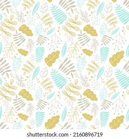 A seamless pattern of cartoon hand-drawn floral elements and leaves. Illustration in blue, brown and gray shades for clothes, wrappers, gifts, cards and invitation cards.