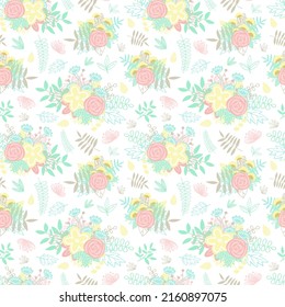 Patrón sin foco de dibujos animados de flores, ramos, flores y hojas dibujadas a mano. Ilustración en colores pastel para ropa, envolturas, regalos, tarjetas y tarjetas de invitación.