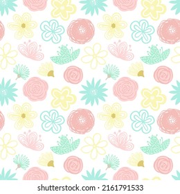 A seamless pattern of cartoon hand-drawn flowers and blossoms. Illustration in pastel shades for clothes, wrappers, gifts, textiles, postcards and invitations.