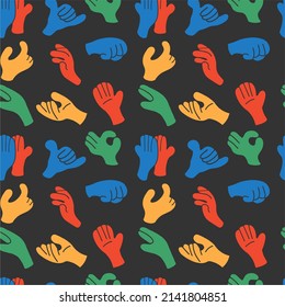 Seamless pattern of cartoon hands showing different gestures. Flat design, cartoon, vector illustration. All elements are isolated.