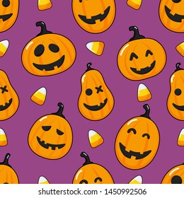 seamless pattern cartoon happy halloween pumpkin and candy corn isolated on purple background. vector Illustration.