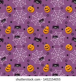 seamless pattern cartoon happy halloween. spider, cobweb and pumpkin isolated on purple background. vector Illustration.