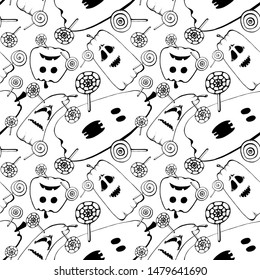 seamless pattern cartoon happy halloween pumpkin and candy corn isolated on white background. vector Illustration.