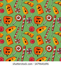 seamless pattern cartoon happy halloween pumpkin and candy corn isolated on green background. vector Illustration.