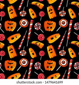 seamless pattern cartoon happy halloween pumpkin and candy corn isolated on black background. vector Illustration.