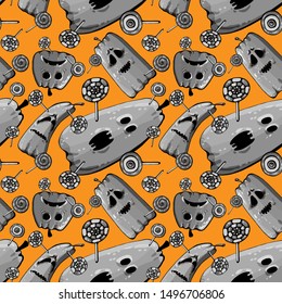 seamless pattern cartoon happy halloween pumpkin and candy corn isolated on orange background. vector Illustration.