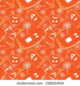 seamless pattern cartoon happy halloween pumpkin and candy corn isolated on orange background. vector Illustration.
