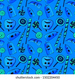 seamless pattern cartoon happy halloween pumpkin and candy corn isolated on blue background. vector Illustration.