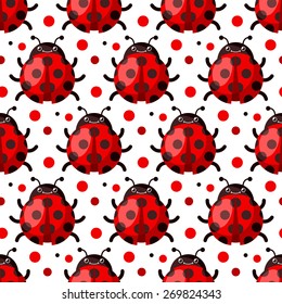 Seamless pattern with cartoon happy ladybugs