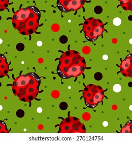 Seamless pattern with cartoon happy ladybugs over green background