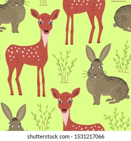 Seamless pattern of cartoon hare and fawn. Repeatable textile vector print, childish wallpaper design.