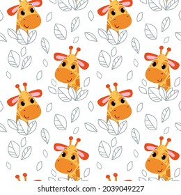 Seamless pattern with cartoon heads of giraffes on a white background. Vector illustration of an African animal in a minimalistic flat style. Baby print for textiles, print design, postcards.