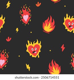 Seamless pattern with cartoon heart and fire. Y2k seamless pattern of funny cartoon hearts and elements. Vector illustration.