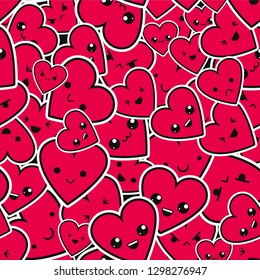 Seamless pattern with cartoon heart. Hand drawn kawaii heart.  Cartoon cute doodles for kids. Vector 