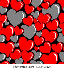 seamless pattern of cartoon heart red and gray colors overlapping each other, on a black background