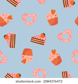 Seamless pattern with cartoon heart shaped donut, muffin, cake. Background for wrapping paper, textile, posters, cards.