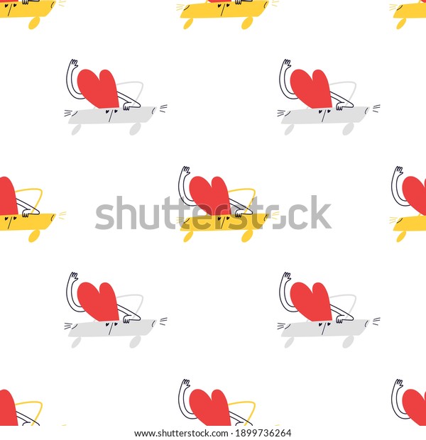 Seamless pattern with\
cartoon hearts in the car. The hand-drawn lover is driving forward\
in a yellow and gray car. Vector stock illustration isolated on\
white background.