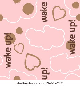 Seamless pattern with cartoon hearts and cloud at pink backgound. 