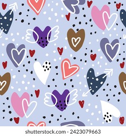 Seamless pattern with cartoon hearts. Colorful vector flat style. hand drawing. valentines day. Romantic design for print, wrapper, fabric.