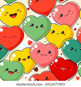 Seamless pattern with cartoon hearts with emoji faces. Cute Valentine print in kawaii style. Endless texture can be used for textile pattern fills, t-shirt design, web page background. Vector EPS8