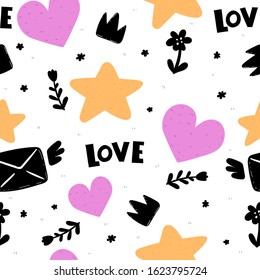 Seamless pattern with cartoon hearts, envelopes, stars decor elements. flat style, colorful festive vector, valentines day. hand drawing. Romantic design for print, wrapper, fabric.