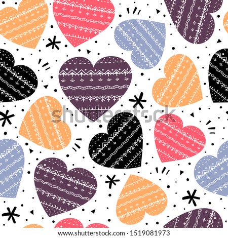 Seamless pattern with cartoon hearts, flowers, decor elements, dots. Scandinavian style. ornament. romantic holiday theme. hand drawing. design for fabric, textile, wrapper, print