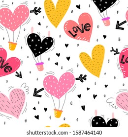 Seamless pattern with cartoon hearts, lettering, decor elements. flat festive vector. Hand drawing valentines day. design for fabric, print, wrapper, textile