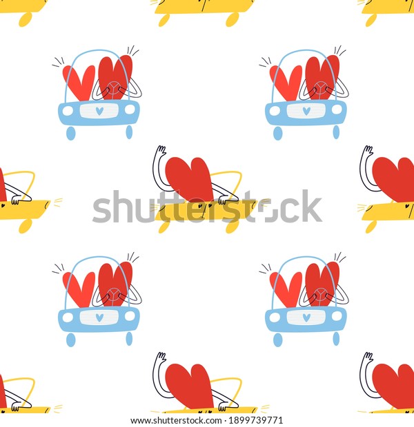 Seamless pattern with\
cartoon hearts on a trip. A lover rushes in a yellow car next to a\
family in a blue car. Vector stock illustration isolated on white\
background.