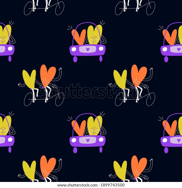 Seamless pattern with cartoon hearts on\
a tandem bike. Couples in love are driving a car. Vector stock\
illustration yellow with purple on a dark\
background.