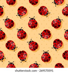 Seamless pattern with cartoon heart-spotted ladybugs