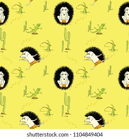 Seamless pattern with cartoon hedgehog does yoga against a desert background with cacti and lizards. Healthy lifestyle concept. Use for postcards, print for t-shirts, posters, textile.