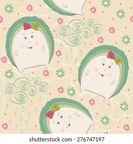 seamless pattern with cartoon hedgehog in light colors.