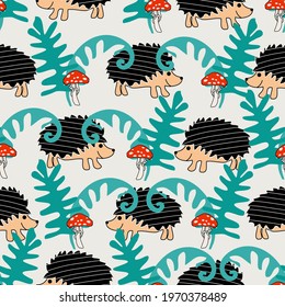 seamless pattern with cartoon hedgehog, mushroom and plants,  vector design for paper, fabric and other surface.