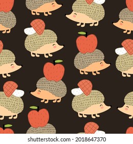 seamless pattern with cartoon hedgehogs, apple. colorful vector for kids, flat style. Baby design for fabric, textile, print, wrapper.