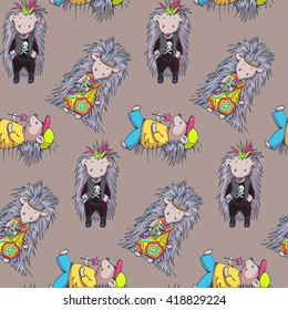 Seamless pattern with cartoon hedgehogs. Hand-drawn illustration. Vector.