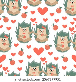 Seamless pattern cartoon hedgehogs in love sitting next to each other, touching each other with their paws among hearts. Vector white romantic background for packaging design, fabric