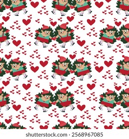 Seamless pattern cartoon hedgehogs in love in clothes on skates holding hands among hearts - vector background for packaging design, fabric