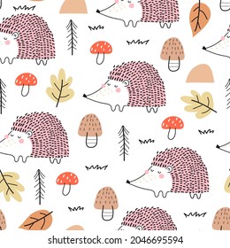 seamless pattern with cartoon hedgehogs, mushrooms, leaves. colorful vector for kids, flat style. Baby design for fabric, textile, print, wrapper.