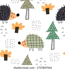 seamless pattern with cartoon hedgehogs, spruce, decor elements. colorful vector for kids, flat style. Baby design for fabric, textile, print, wrapper.