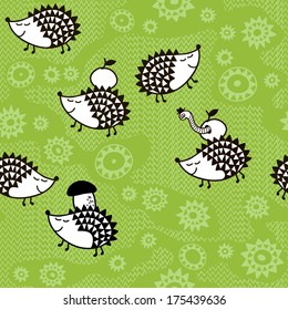 Seamless pattern with cartoon hedgehogs.Kids vector background. 