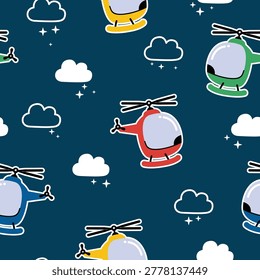 Seamless Pattern with Cartoon Helicopters and Clouds