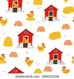 Seamless pattern with cartoon hens and houses with doodle elements in childish style on white background, farm life ornament for fabric design or wrapping paper