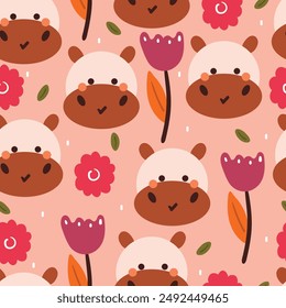 seamless pattern cartoon hippo and flower. cute wallpaper for textile, gift wrap paper