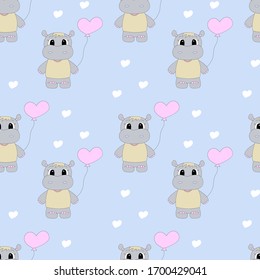 Seamless pattern with cartoon hippo and hearts. Vector illustration.