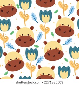 seamless pattern cartoon hippo, plant and flower. cute animal wallpaper for textile gift wrap paper