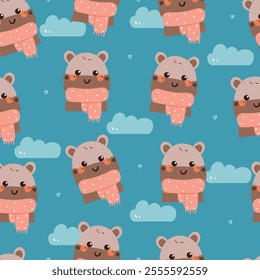 seamless pattern cartoon hippo wearing pink scarf. cute animal wallpaper for winter background, pattern