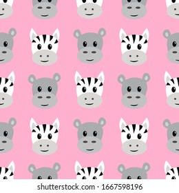 Seamless pattern with cartoon hippo and zebra.Children print, textile design.