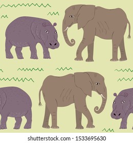 Seamless pattern of cartoon hippopotamus and elephant. Repeatable textile vector print, childish wallpaper design.